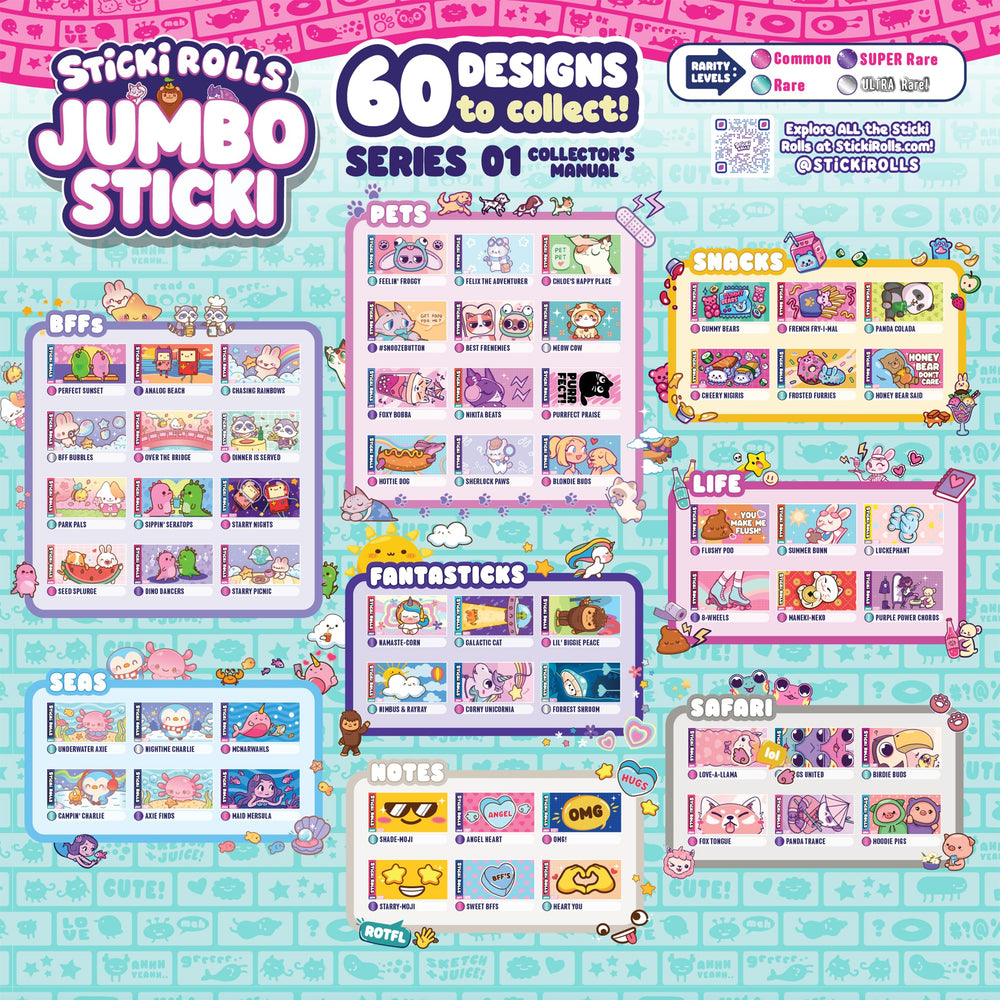 Sticki Rolls Jumbo Stickies showcase unique art with holographic shine in bold spaces.