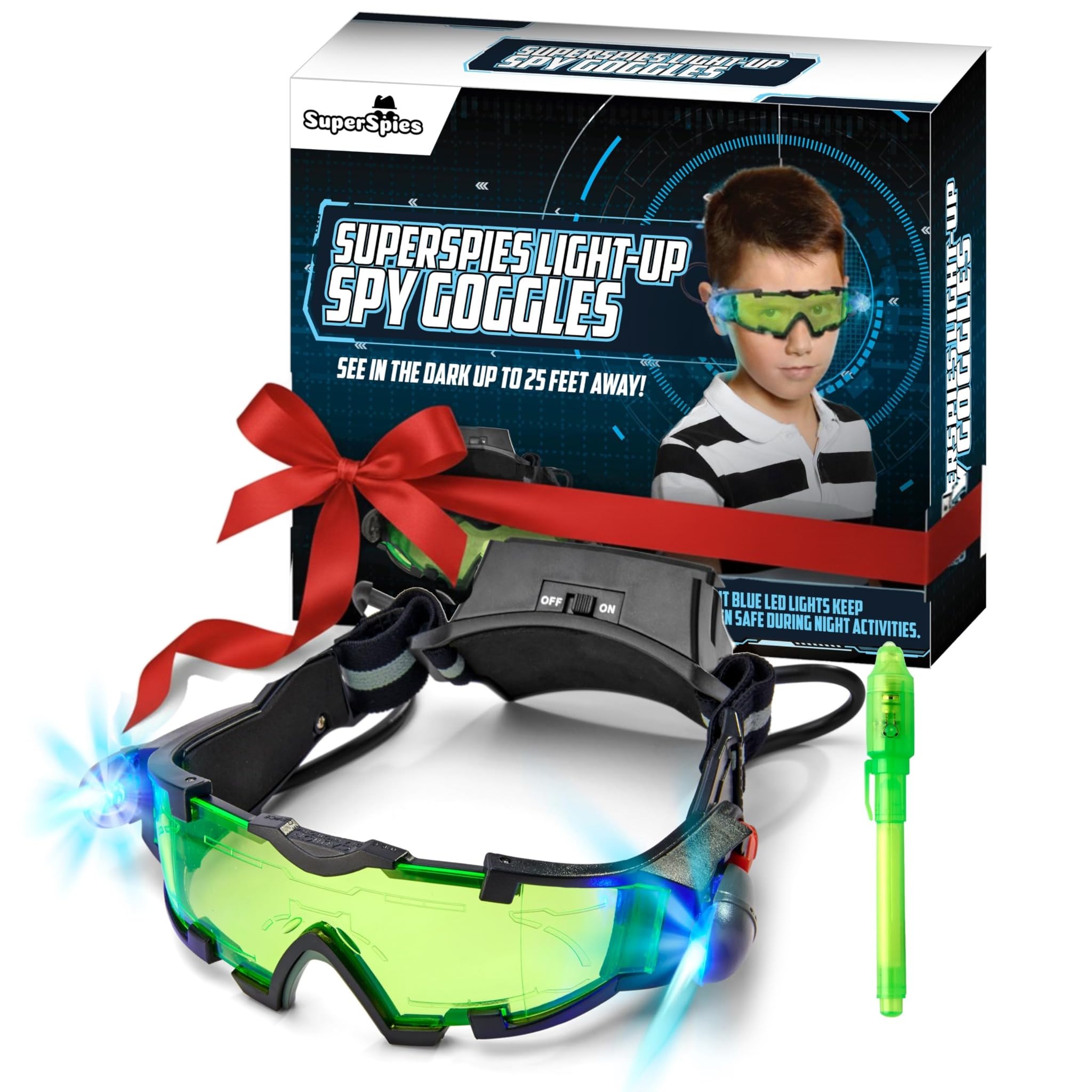 Sticky Lil Fingers night vision goggles with blue LEDs for dark adventures.
