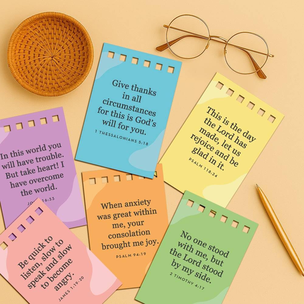 Stitchers Read Me When Bible Verse Flipbook on desk provides daily encouragement.