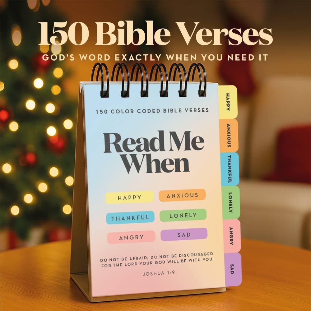 Stitchers Read Me When Bible Verse Flipbook pages open reveal color-coded scripture sections.