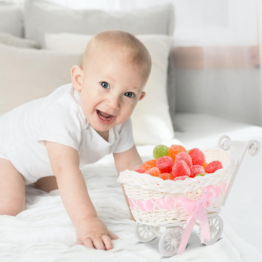 STOBOK wicker baby carriage basket side view highlights portable decor for tables.