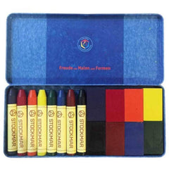 Stockmar beeswax crayons and blocks in tin case deliver vibrant, transparent colors for versatile artwork.