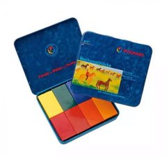 Stockmar beeswax crayons in a durable tin with eight vibrant colors for imaginative art.