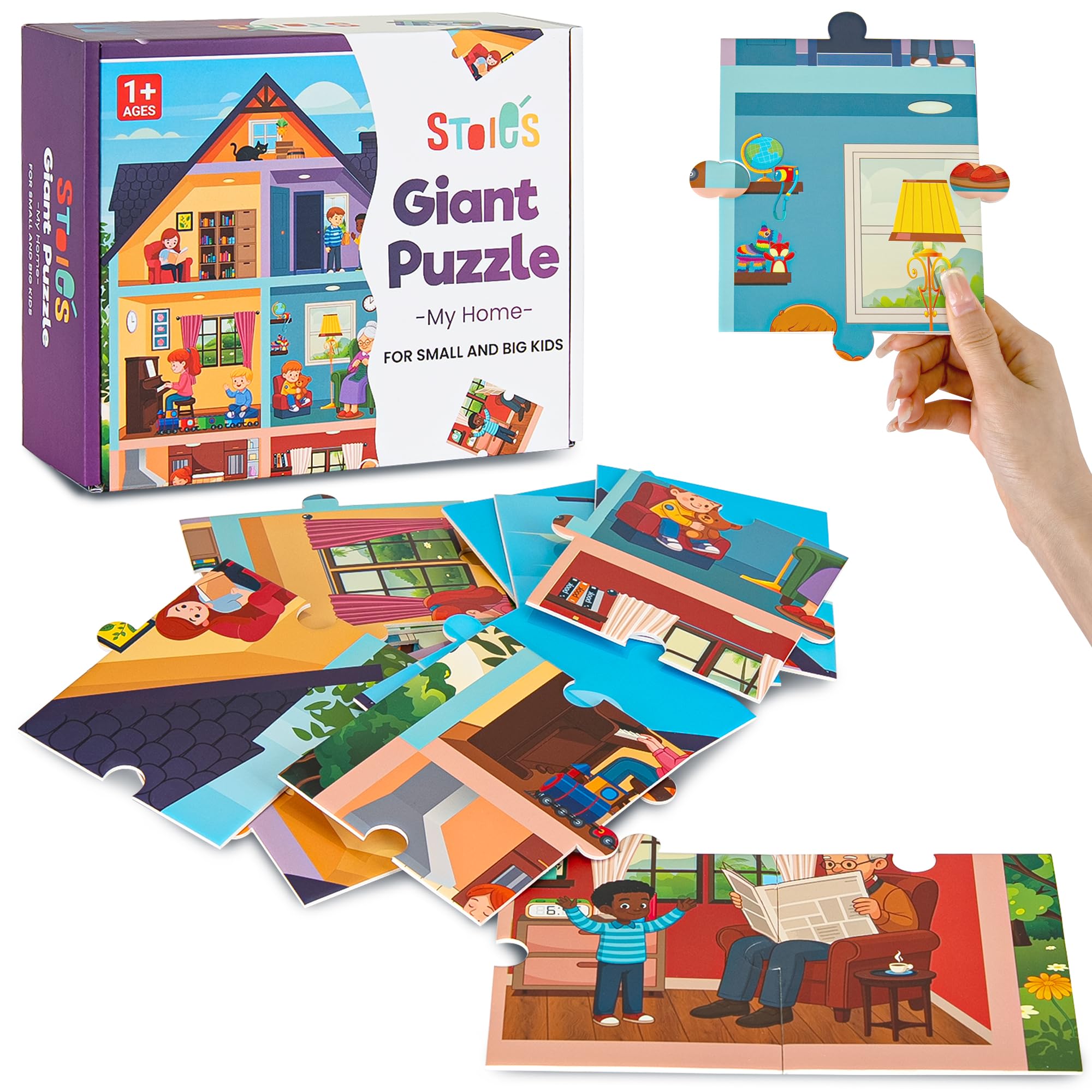 Stoie´s Giant Floor Puzzle shows seven rooms across a three-floor house.