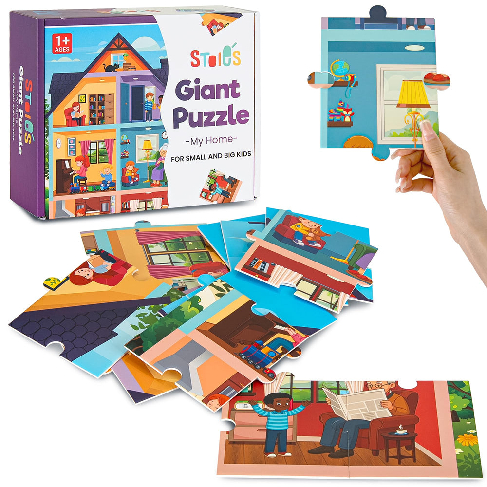 Stoie´s Giant Floor Puzzle shows seven rooms across a three-floor house.