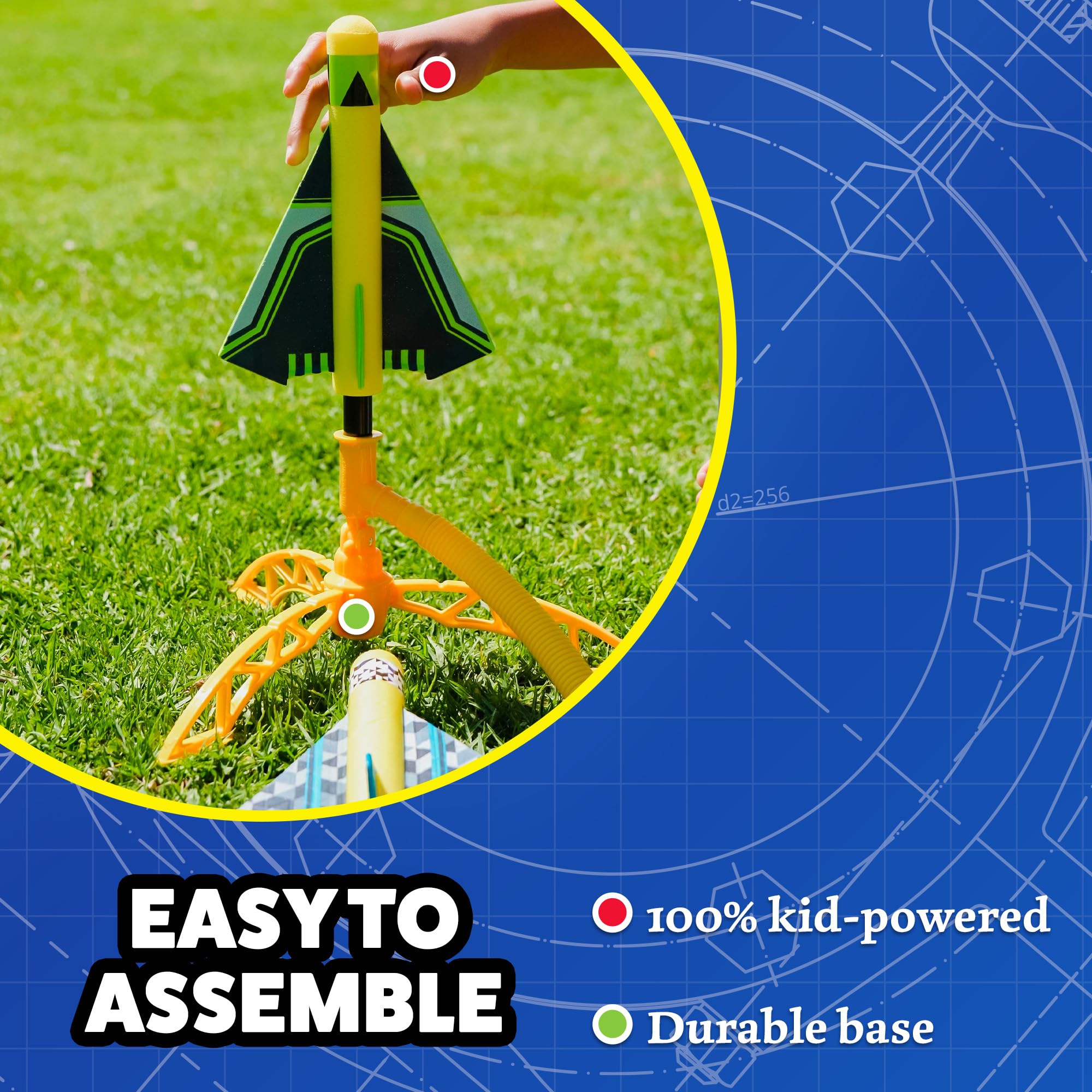 Stomp Rocket adjustable launch stand shows angle control for varied flights.