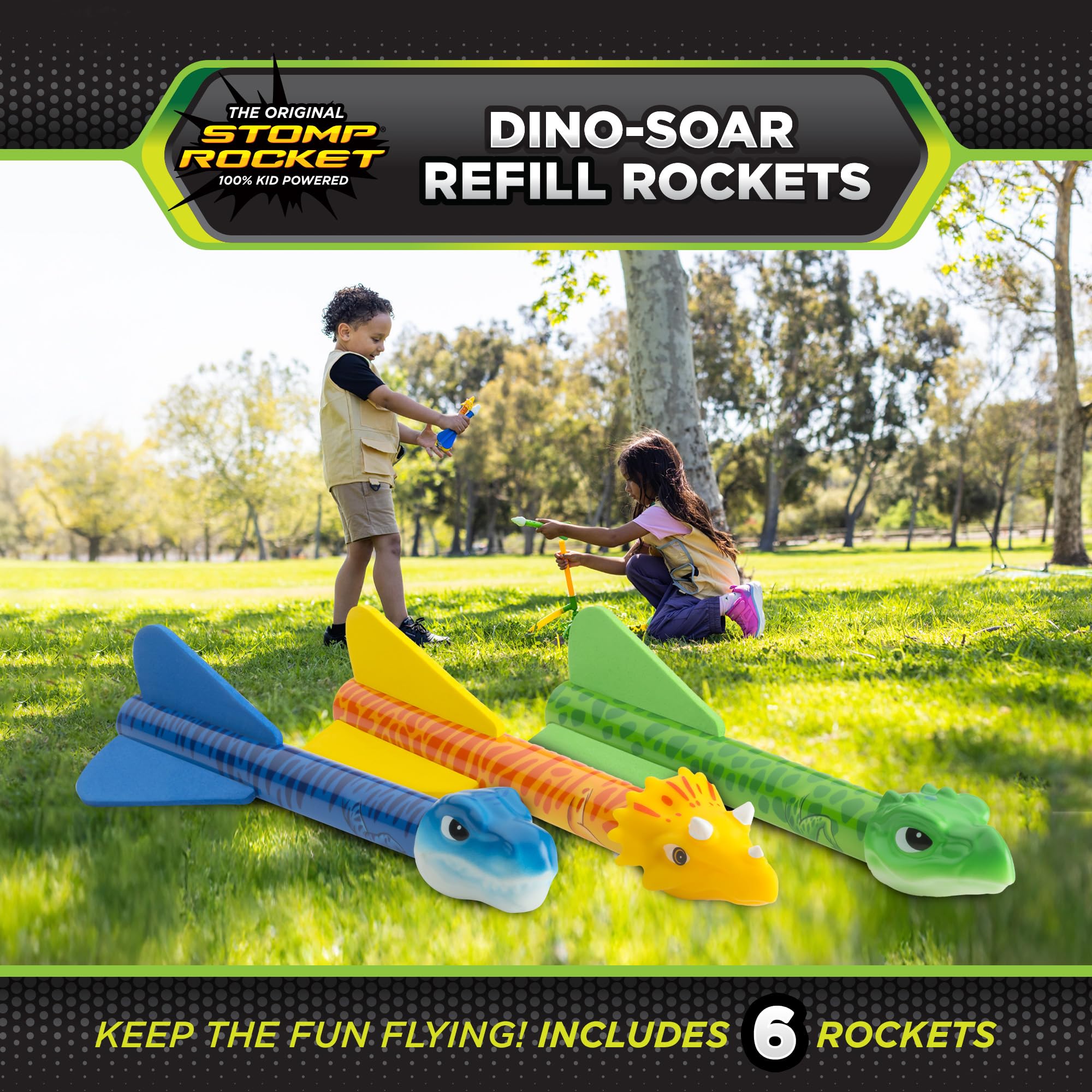 Stomp Rocket Dino-Soar rocket in flight demonstrates active outdoor play.