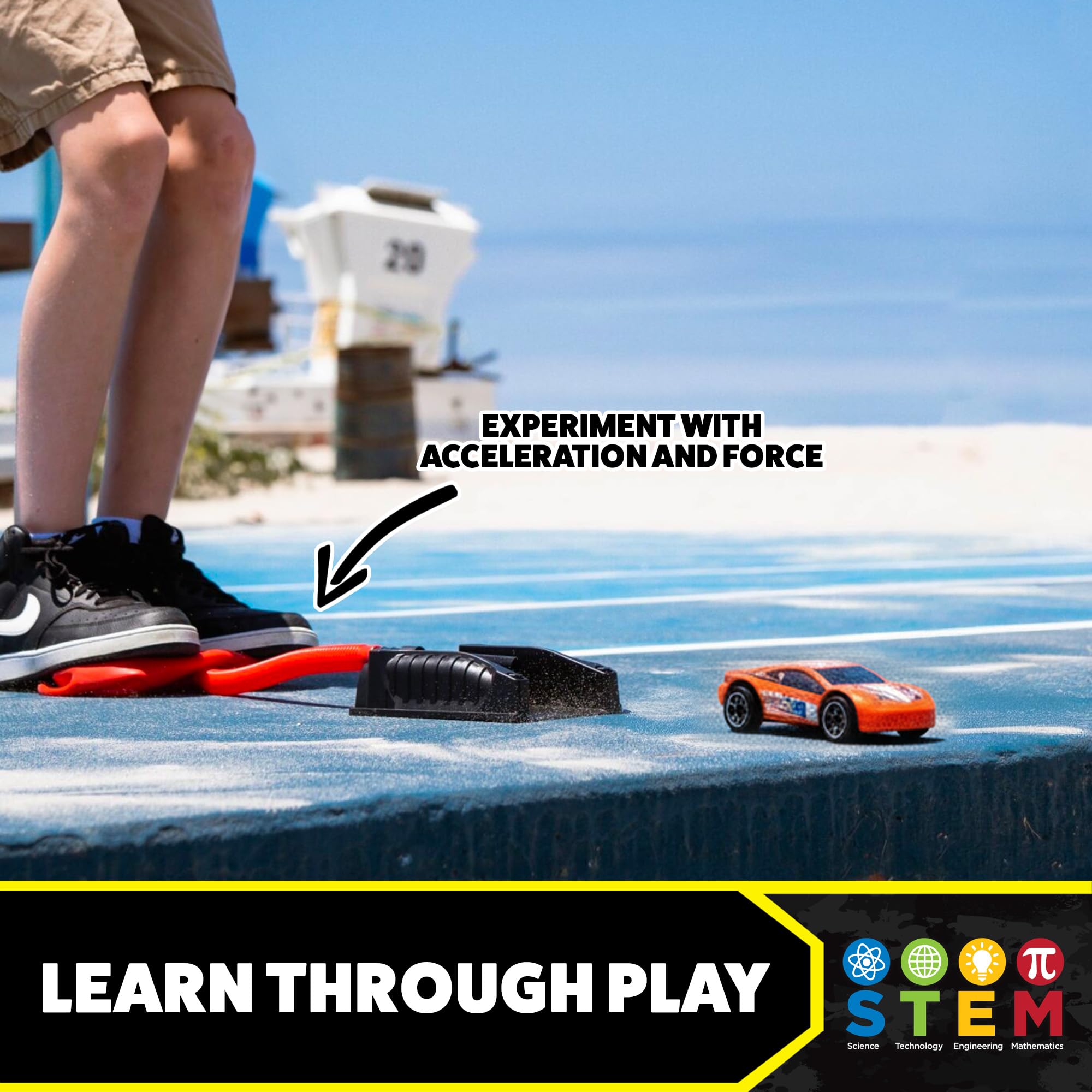Finish-line decals on Stomp Rocket set mark the race and celebrate winners.