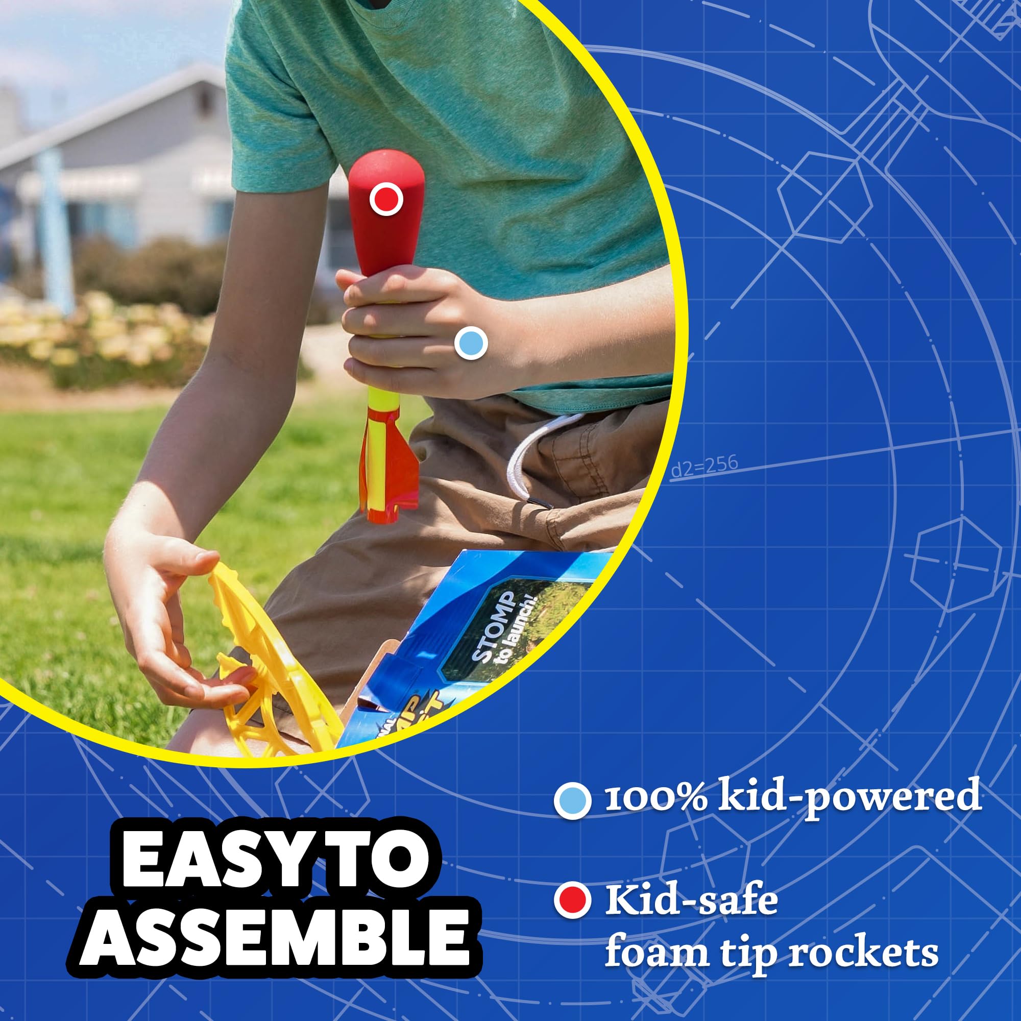 Stomp Rocket foam-tipped rocket designed for safe outdoor use.
