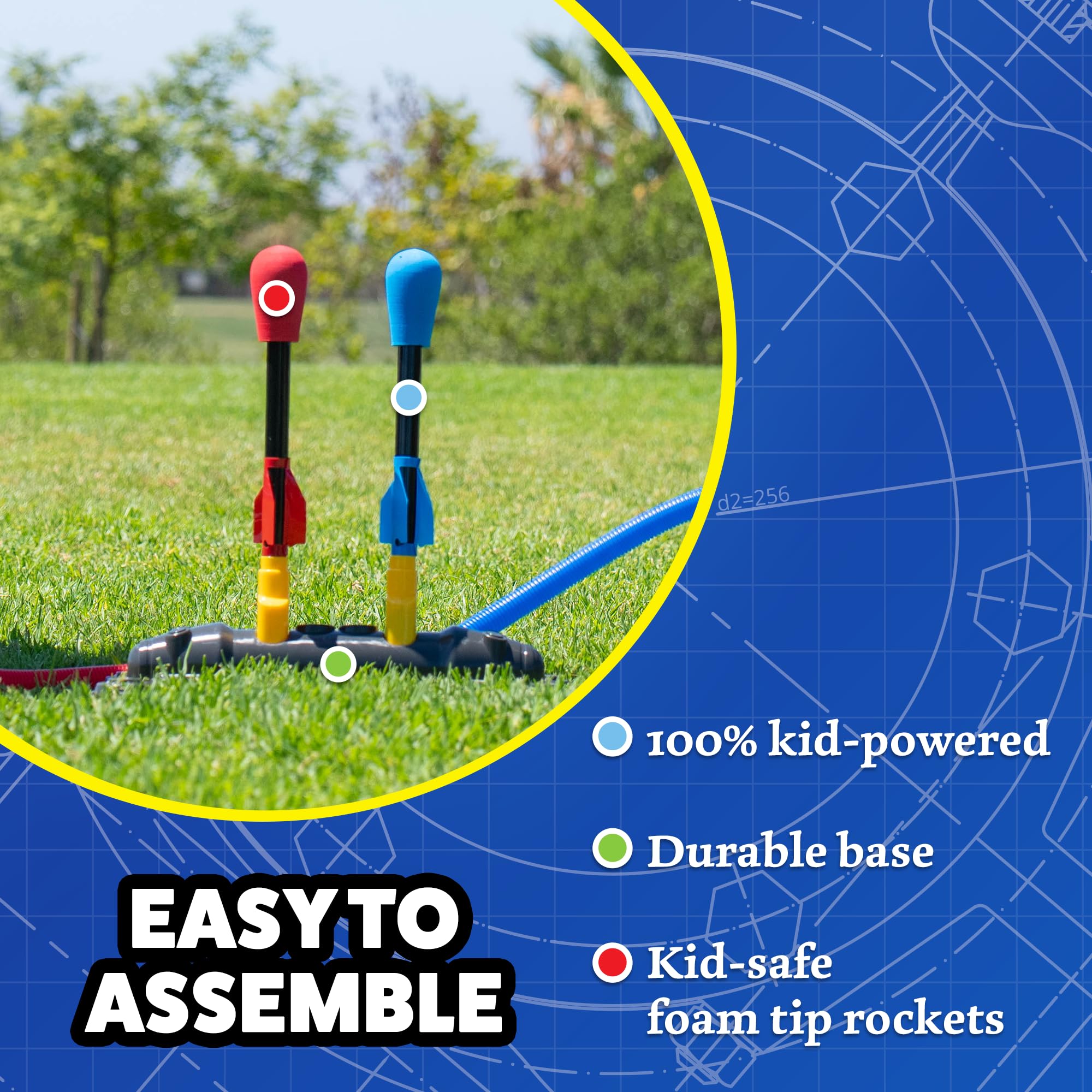 Stomp Rocket is kid-powered and battery-free for easy backyard play.
