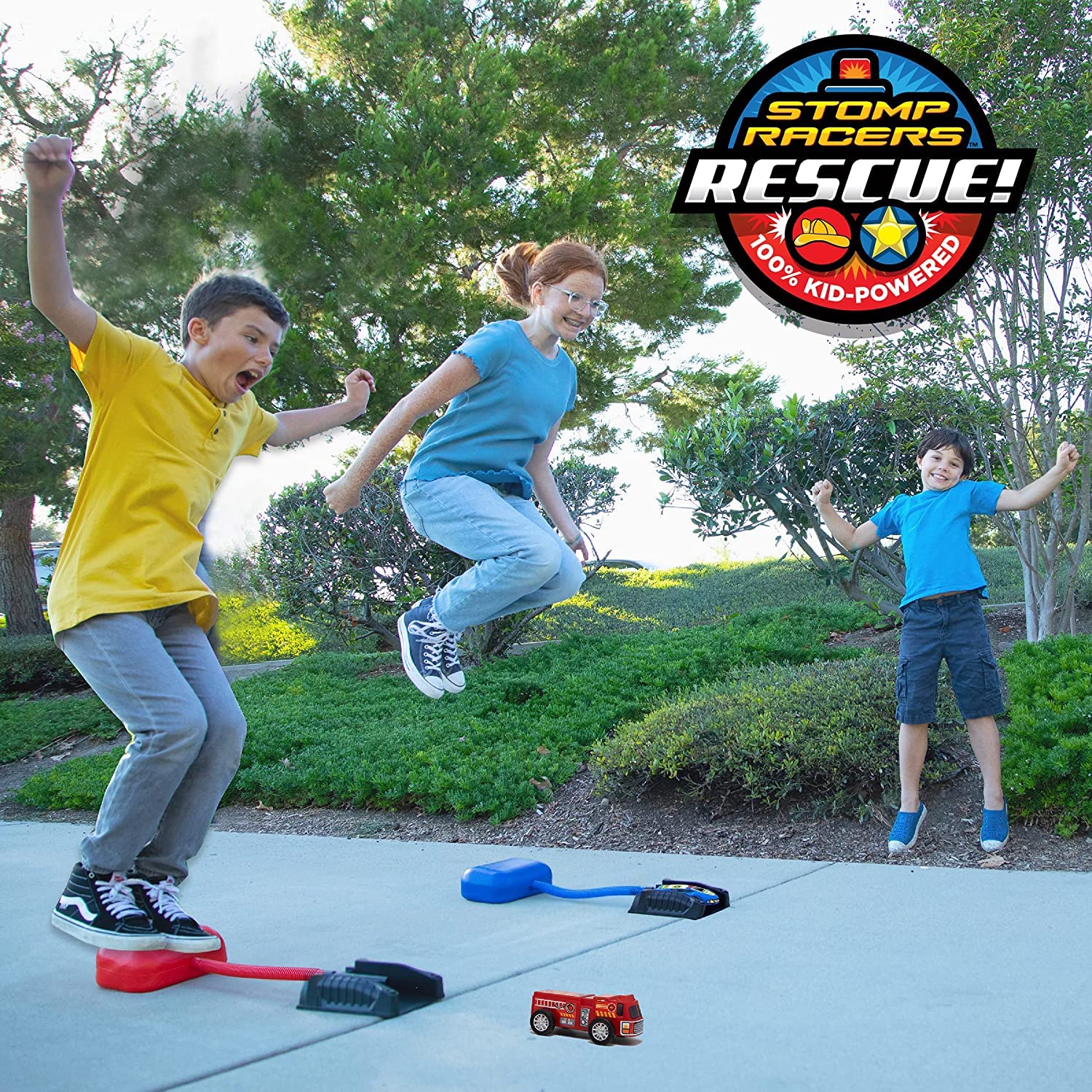 Stomp Rocket Rescue Racers police car ready for indoor or outdoor racing