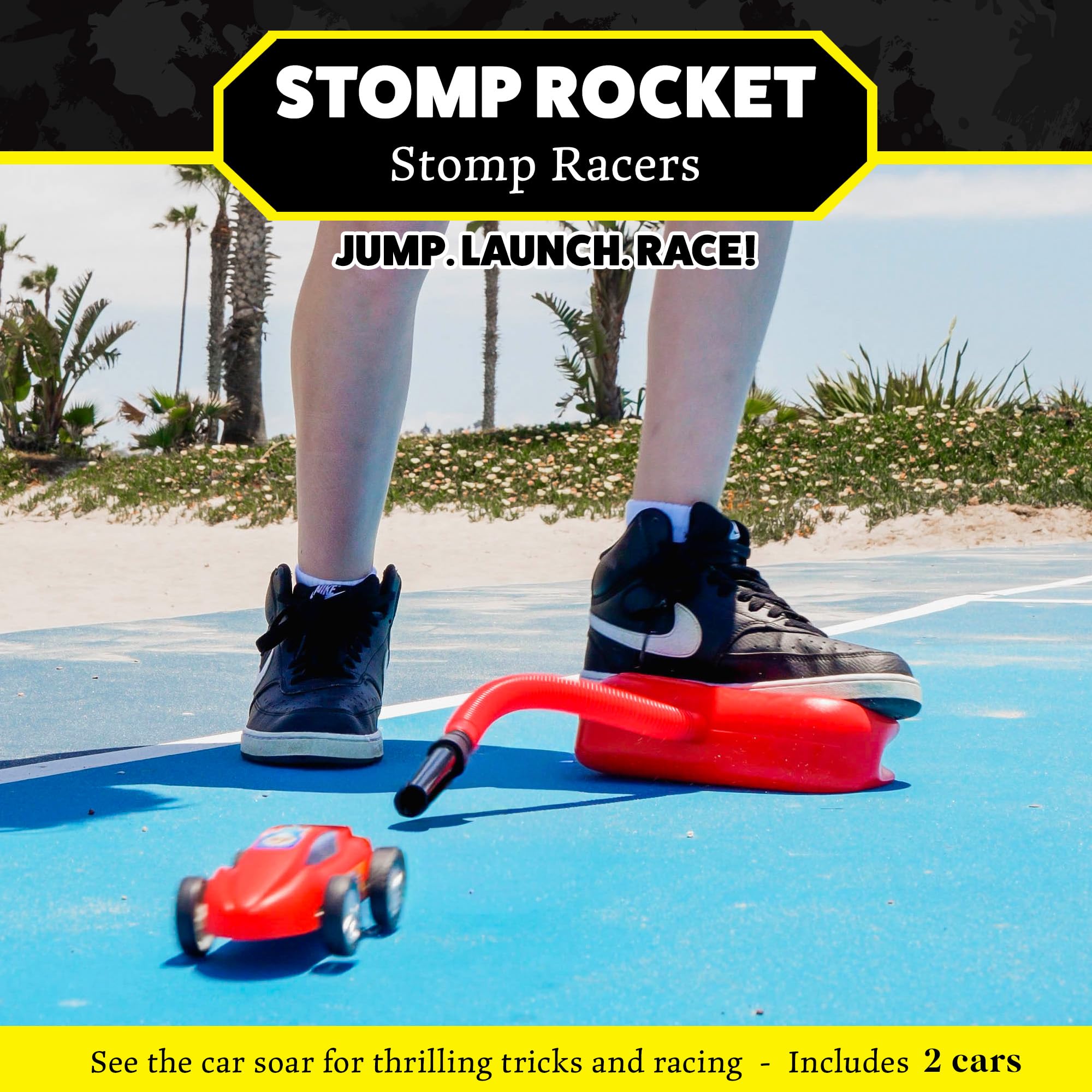 Stomp Rocket race cars zooming off the ramp for dynamic play indoors or outdoors.