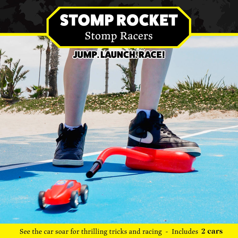 Stomp Rocket race cars zooming off the ramp for dynamic play indoors or outdoors.
