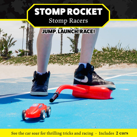 Stomp Rocket race cars zooming off the ramp for dynamic play indoors or outdoors.