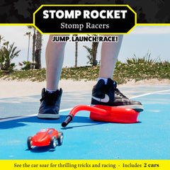Stomp Rocket race cars zooming off the ramp for dynamic play indoors or outdoors.