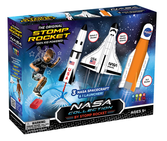 Stomp Rocket Space Collection rocket launcher powers backyard launches with safe foam rockets.