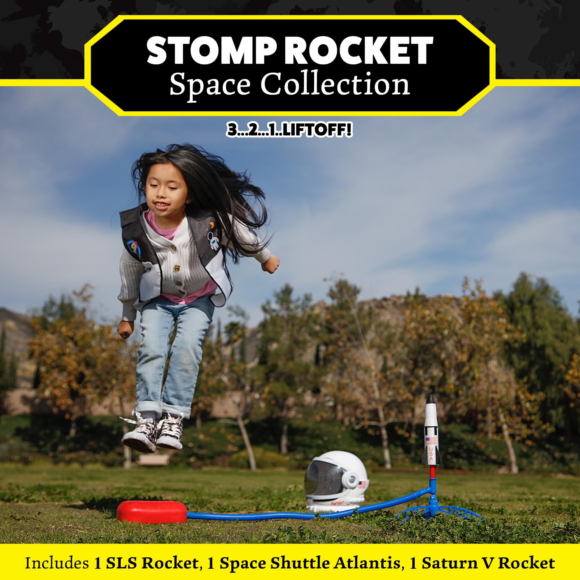 Stomp Rocket Space Collection SLS rocket ready for high flying outdoor play.