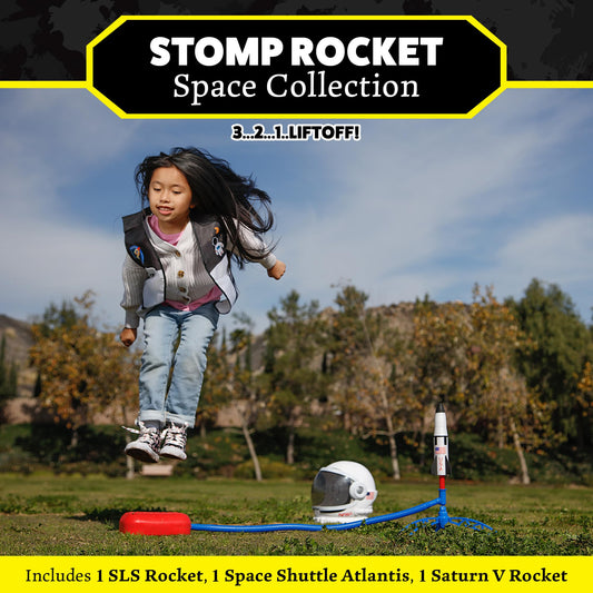 Stomp Rocket Space Collection SLS rocket ready for high flying outdoor play.