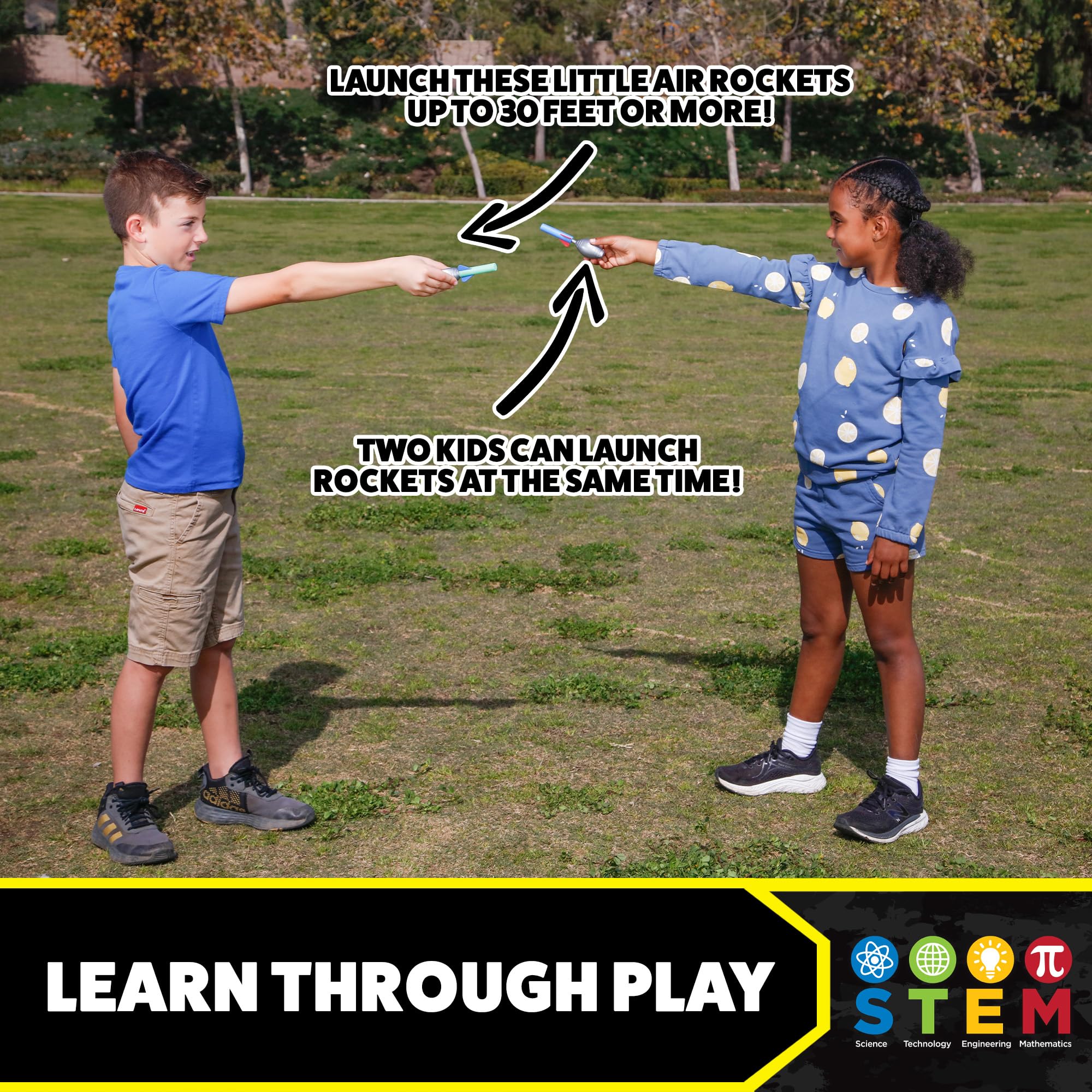 Kids launch Stomp Rocket Squeeze Rockets outdoors for active group play.