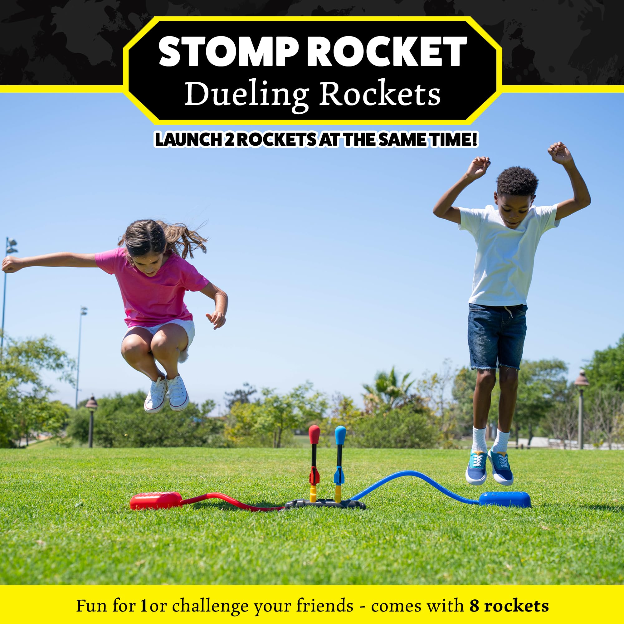 Stomp Rocket dueling launch setup showing competitive two-player action.