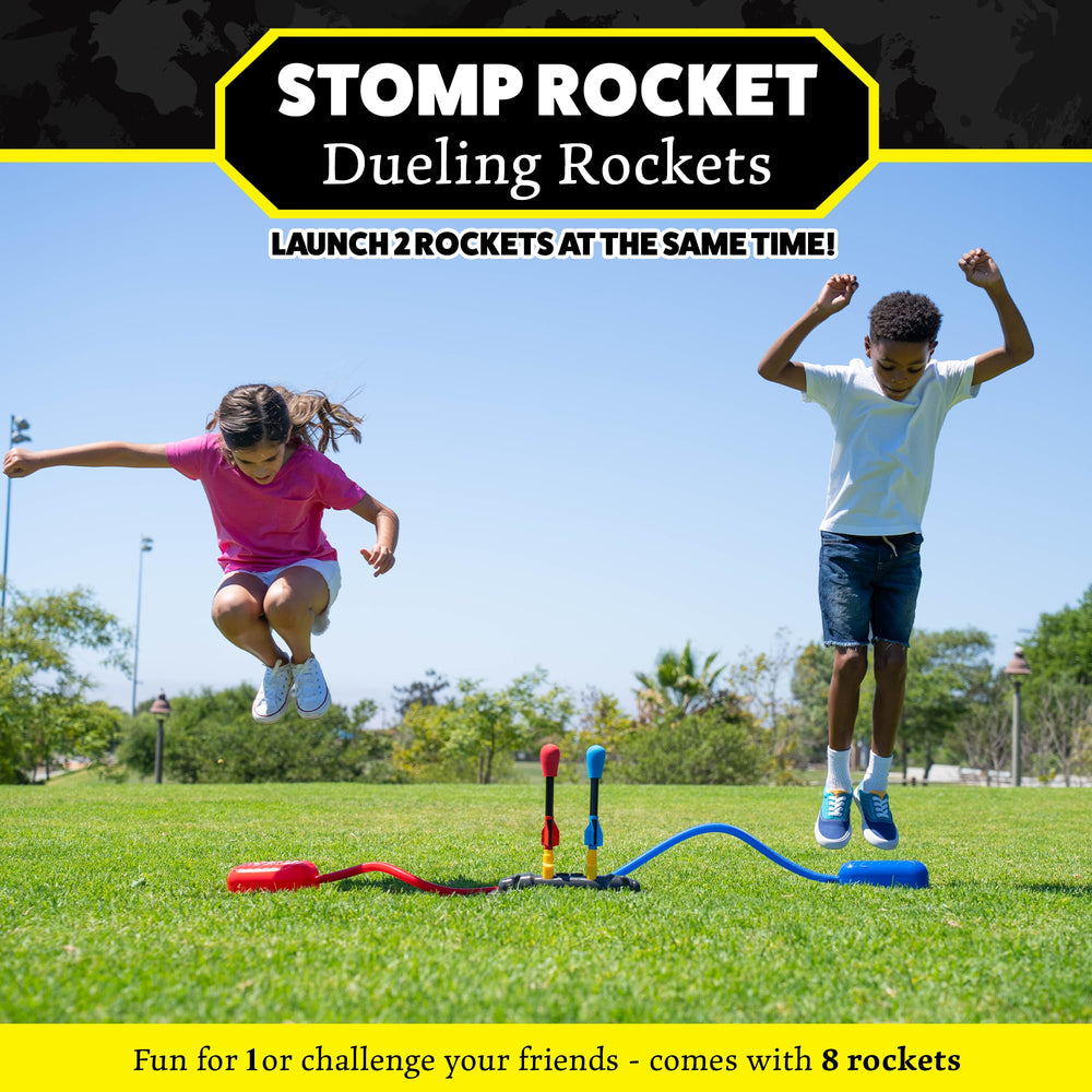 Stomp Rocket dueling launch setup showing competitive two-player action.