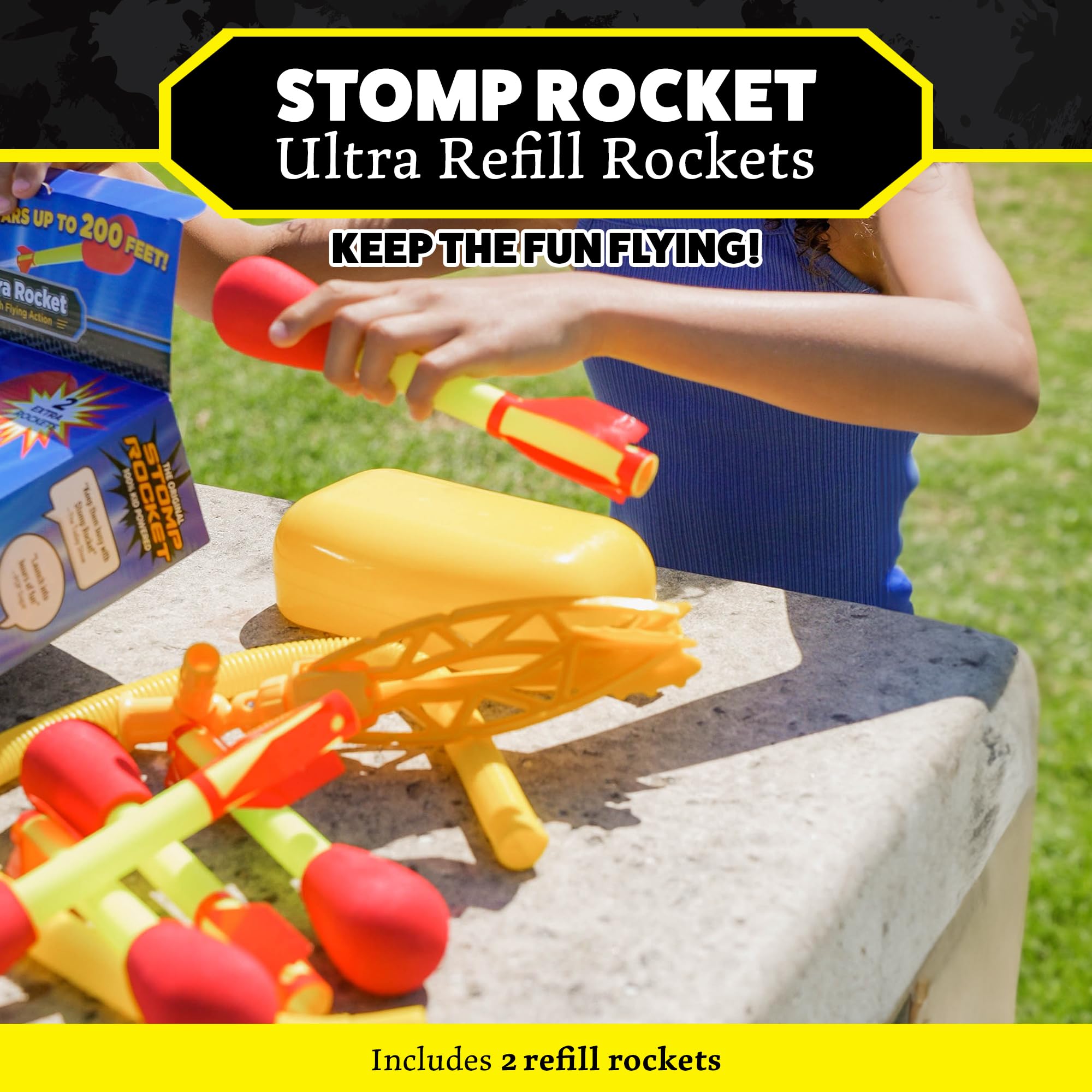 Stomp Rocket Ultra Refill with two rockets ready for launch