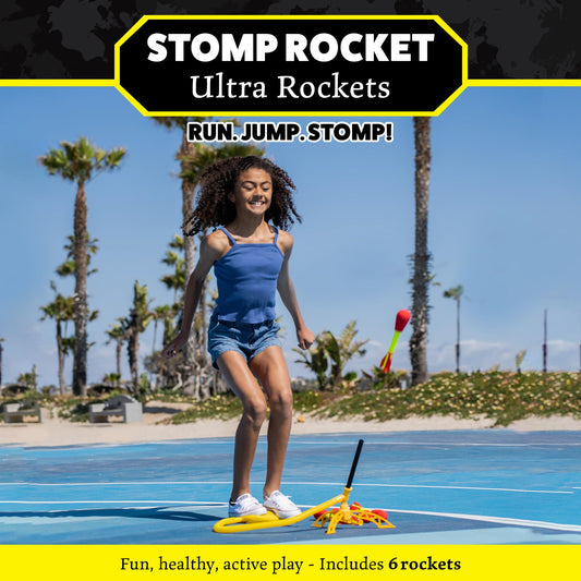 Six foam-tipped Ultra Stomp rockets ready for backyard fun and learning