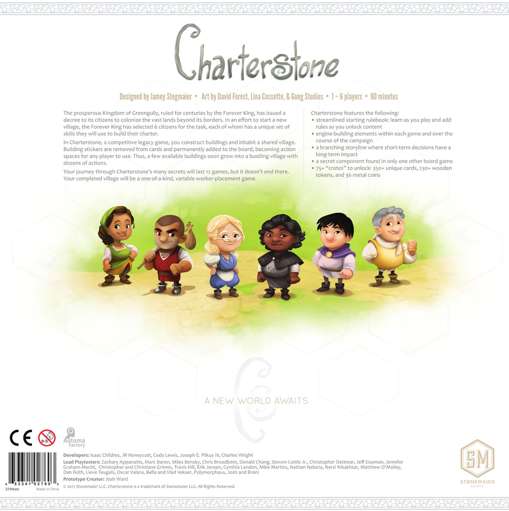 Stonemaier Charterstone wooden meeples and metal coins enhance tactile gameplay.