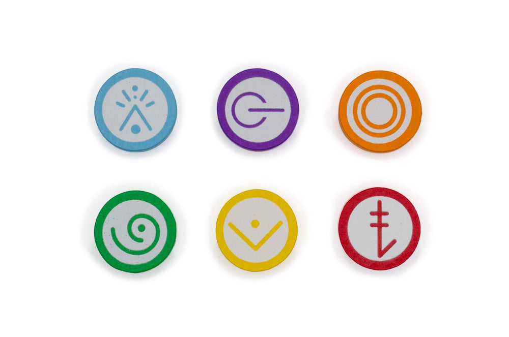 Close up of 60 wooden tokens replacing cardboard in Vantage