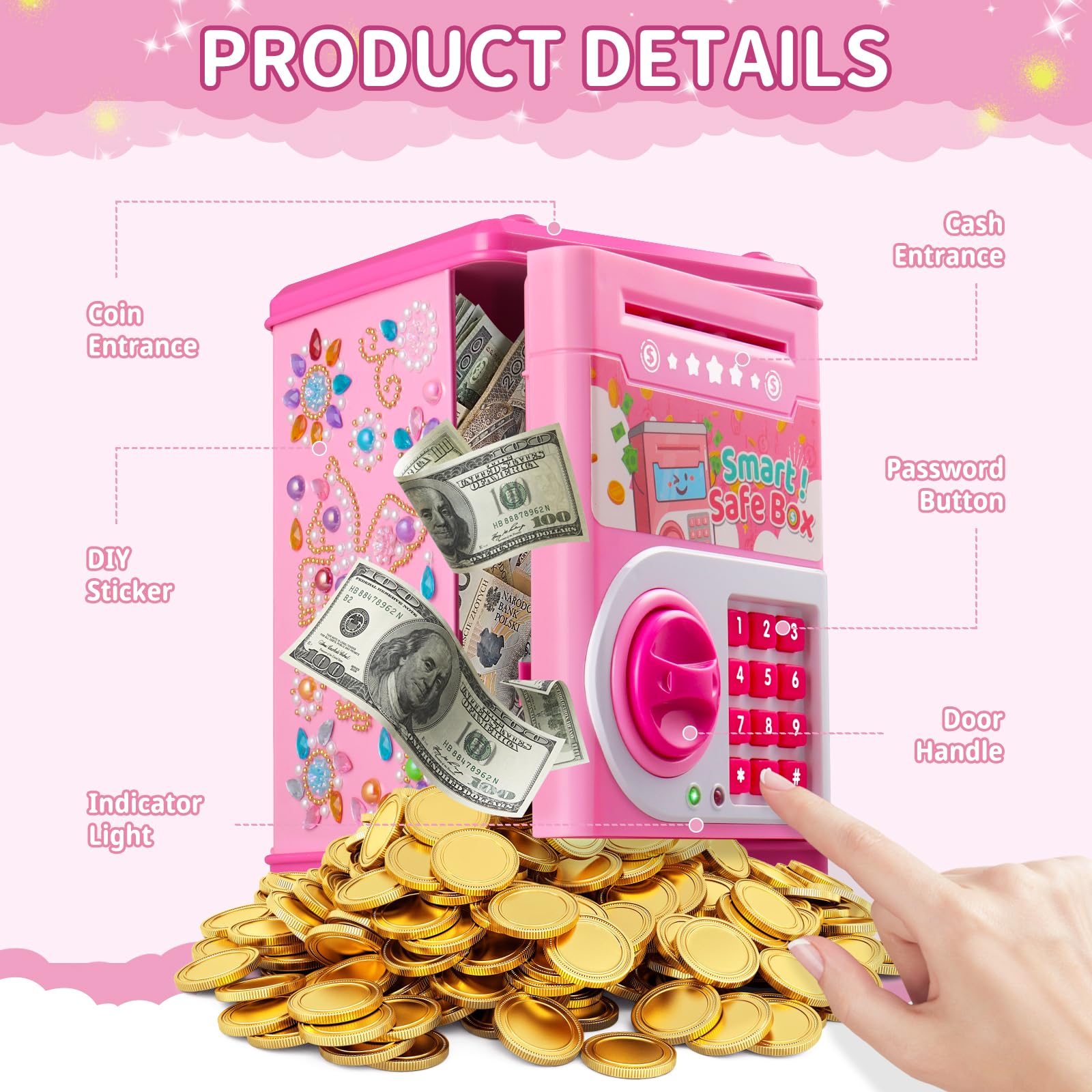 STOPKLAS Piggy Bank large capacity stores coins and bills for growing savers.