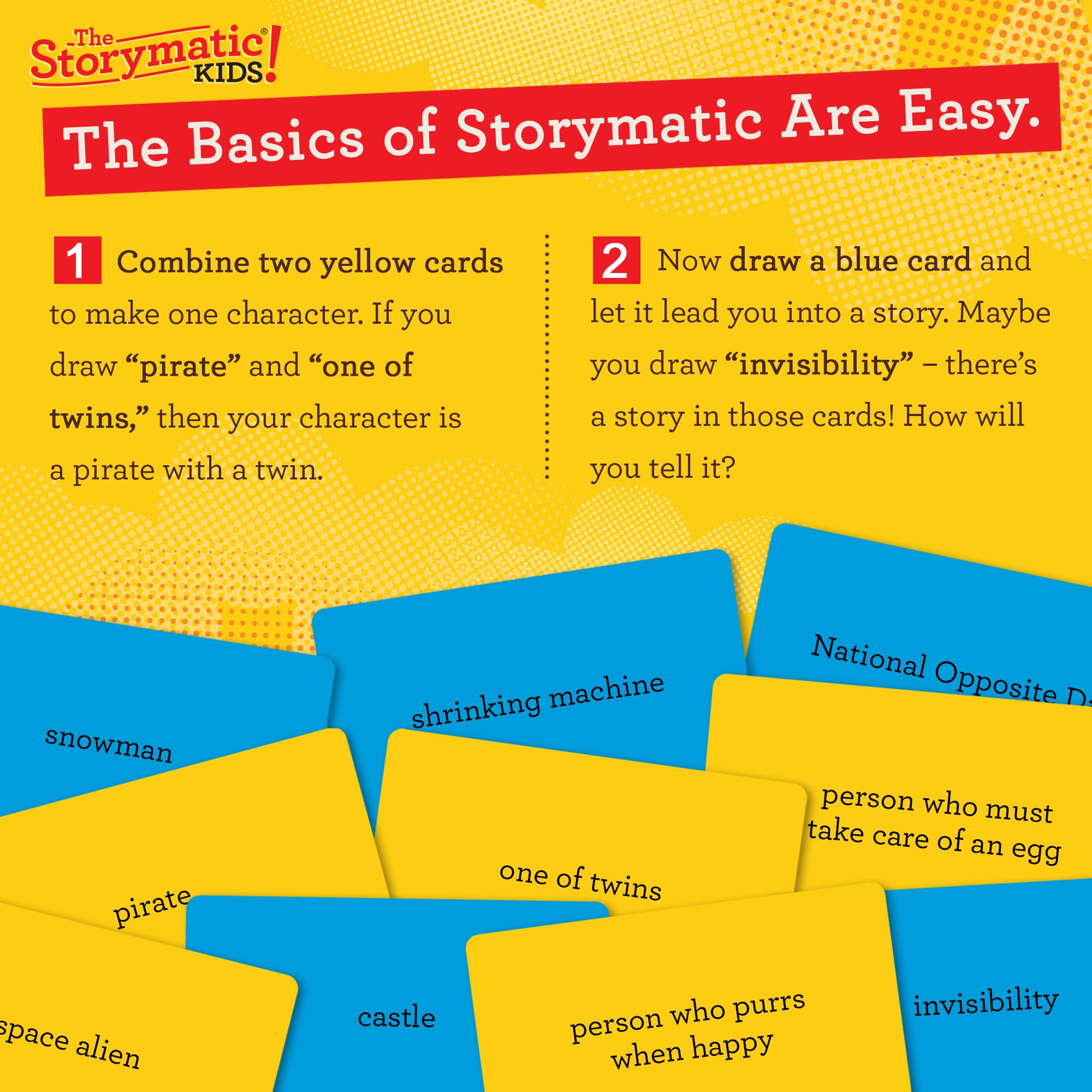 Storymatic Kids blue complication cards introduce twists to prompts for richer stories.