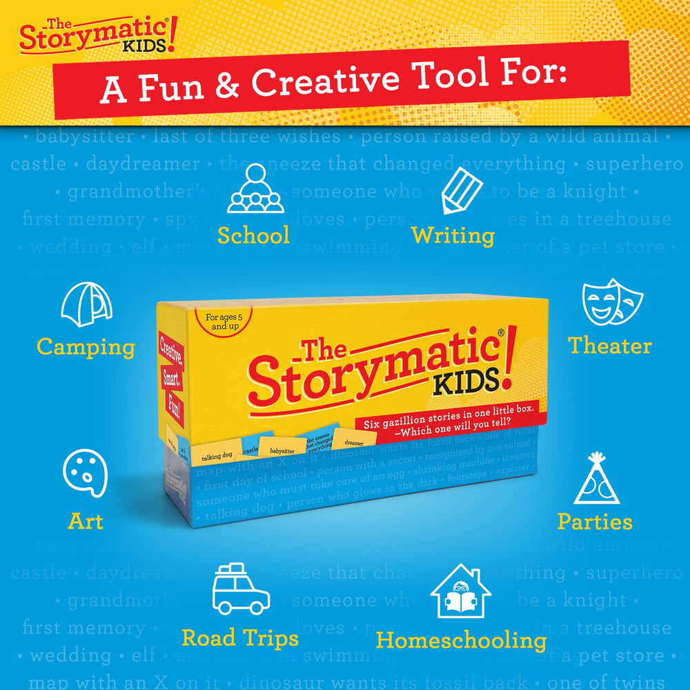 Storymatic Kids group play setup shows collaborative storytelling at home or class.