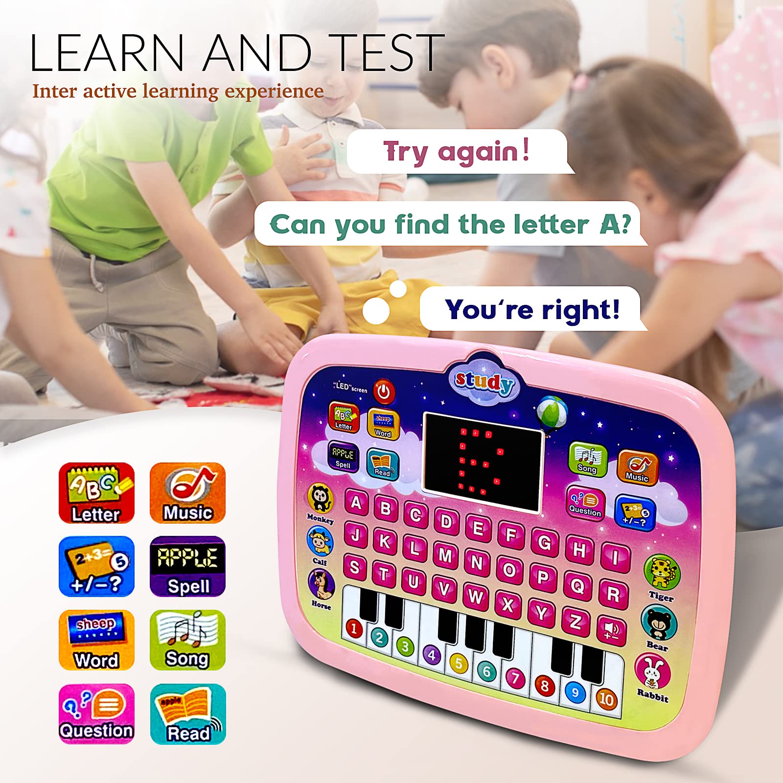STOULKD Kid Tablet learning modes cover letters, numbers, vocabulary, and more.