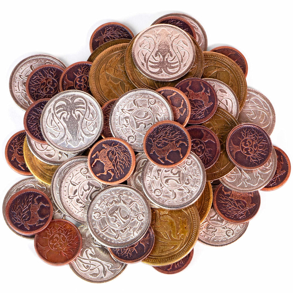 Stratagem Dragon's Hoard silver coins close-up adding RPG realism