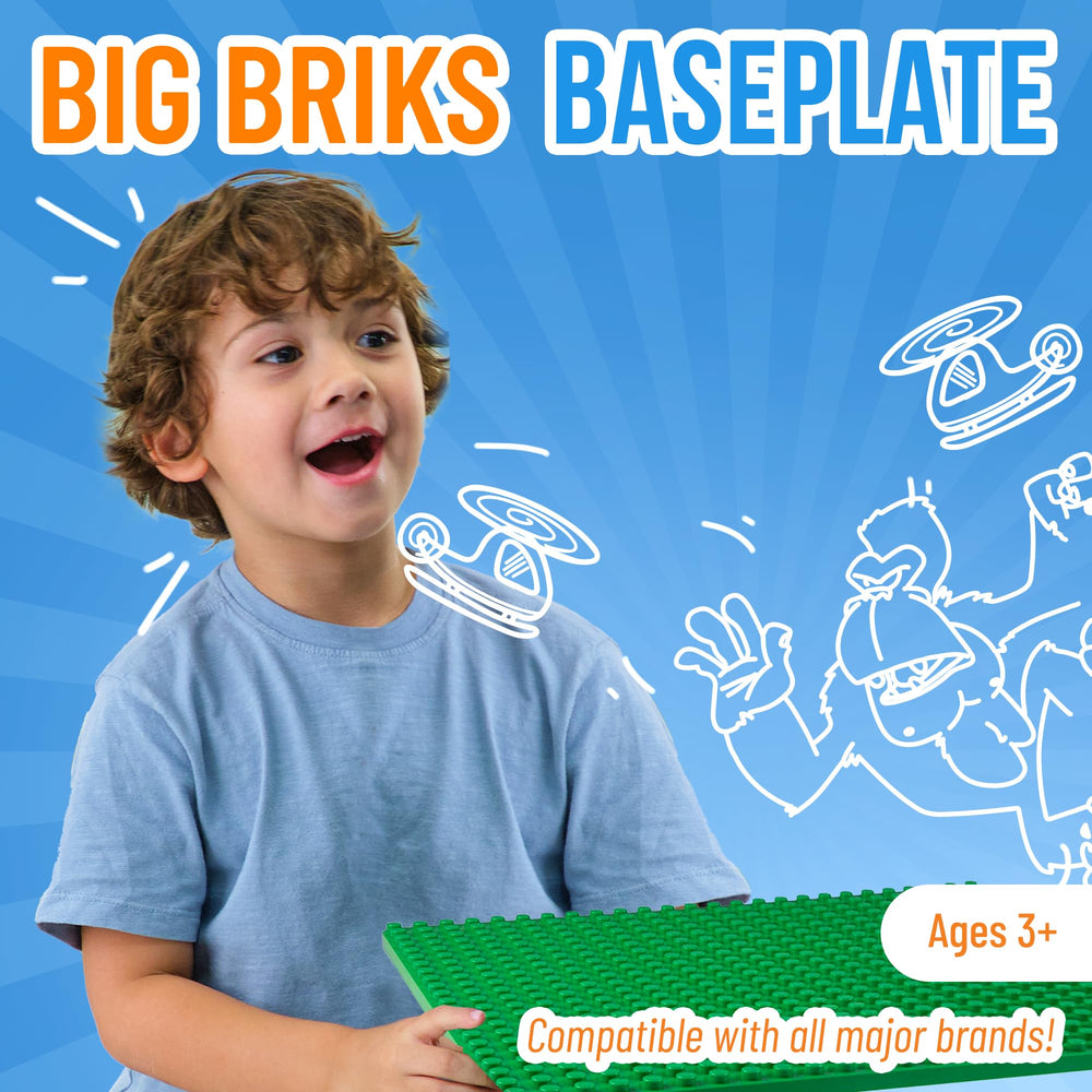 Strictly Briks green baseplate shown as a wide layout surface for mega bricks
