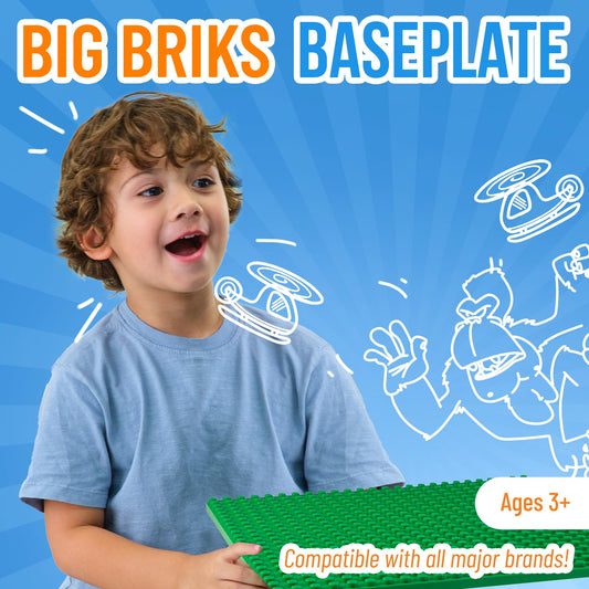 Strictly Briks green baseplate shown as a wide layout surface for mega bricks