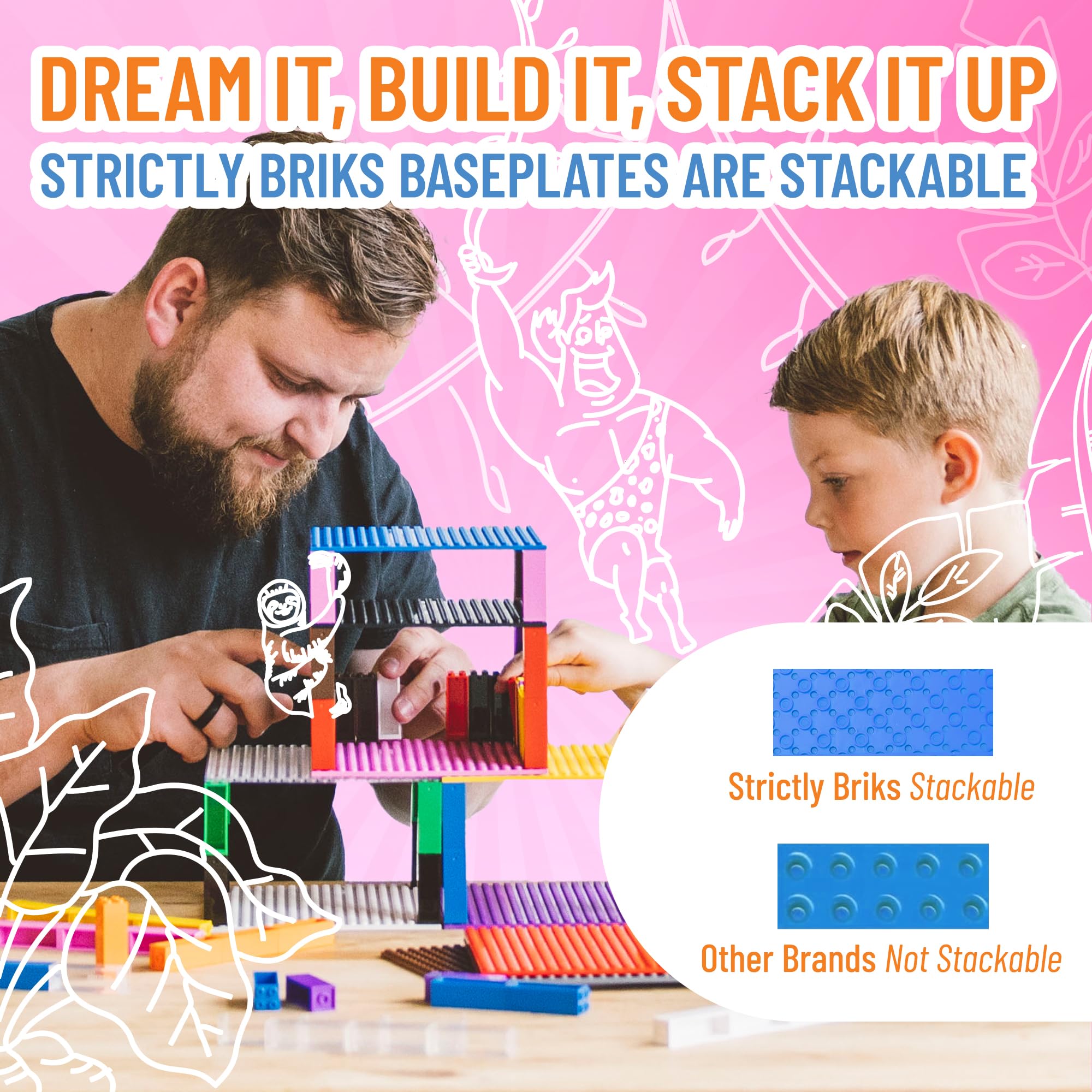 Strictly Briks red baseplate in a colorful city-building scene.