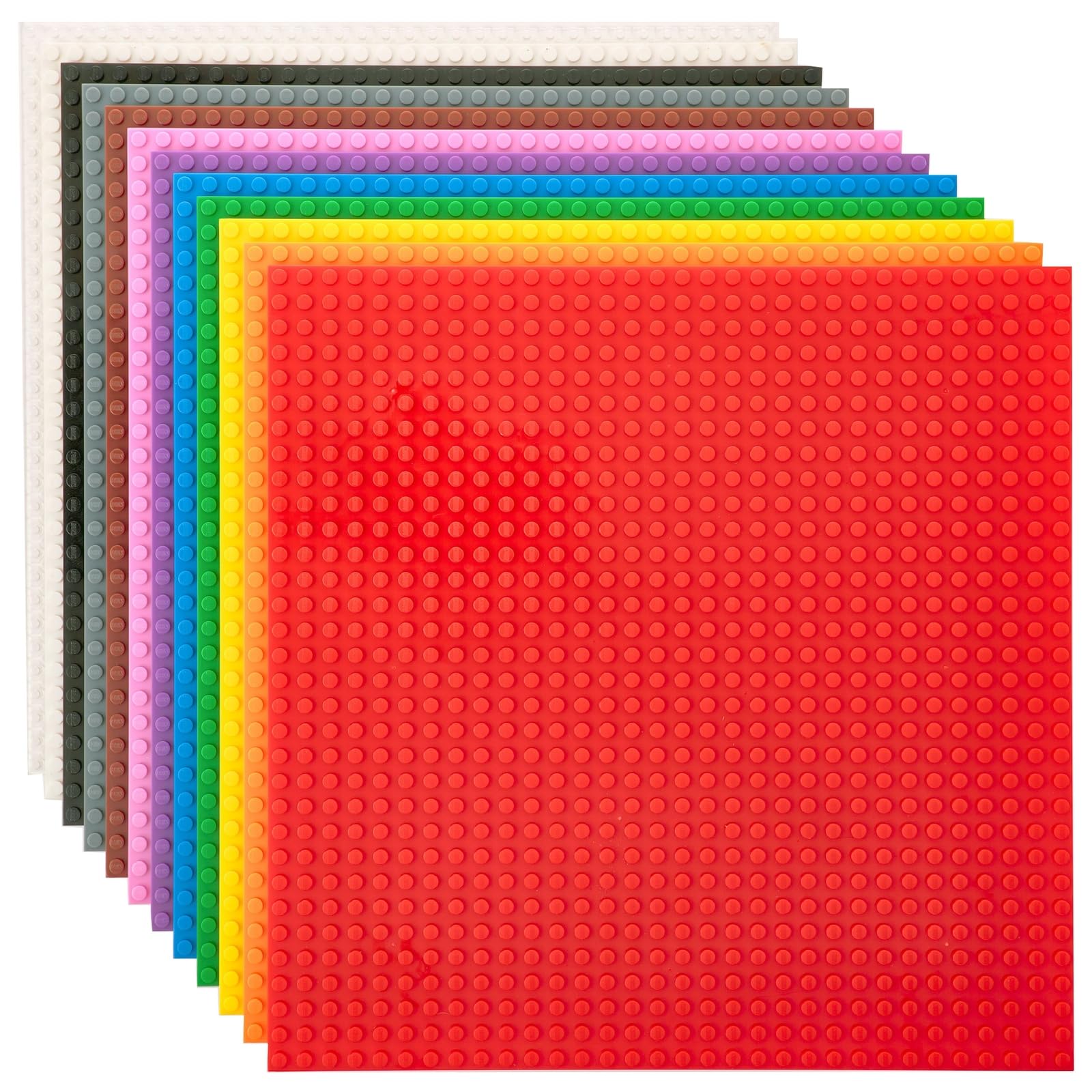 Strictly Briks rainbow baseplates in 10x10 layout for vibrant city scenes.