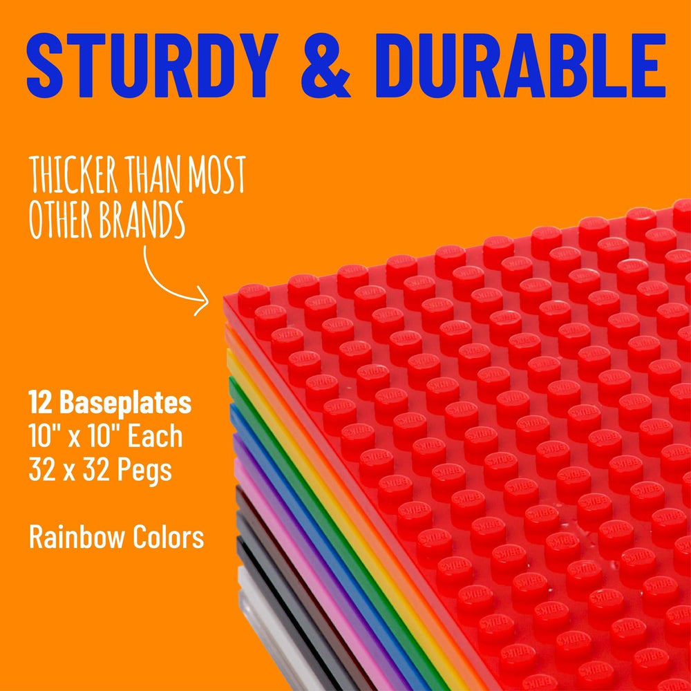 Strictly Briks rainbow baseplates stacked for versatile play surfaces.