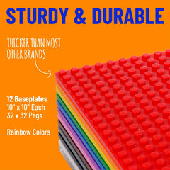 Strictly Briks rainbow baseplates stacked for versatile play surfaces.