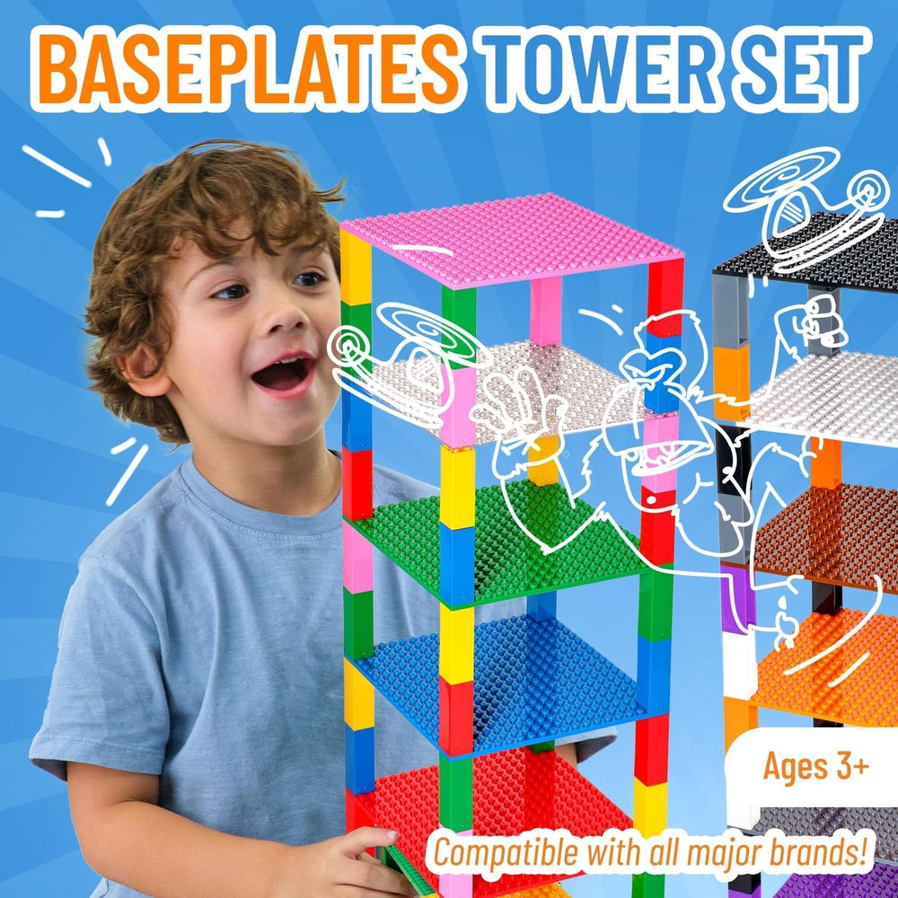 Strictly Briks display tower baseplates showcase mini figures neatly.