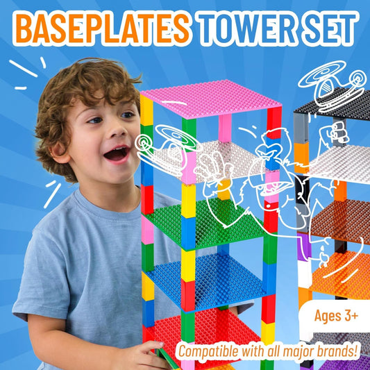 Strictly Briks display tower baseplates showcase mini figures neatly.