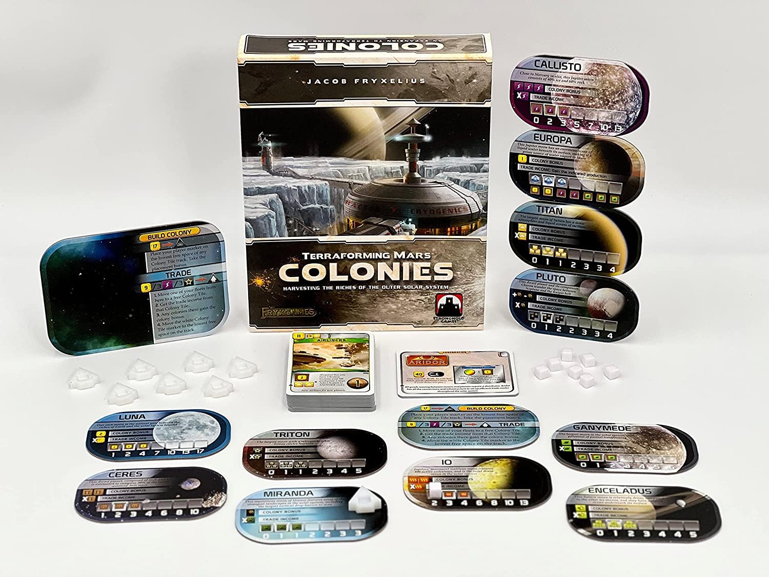 Stronghold Games Terraforming Mars: Colonies resource cards—vivid artwork and strategic options.
