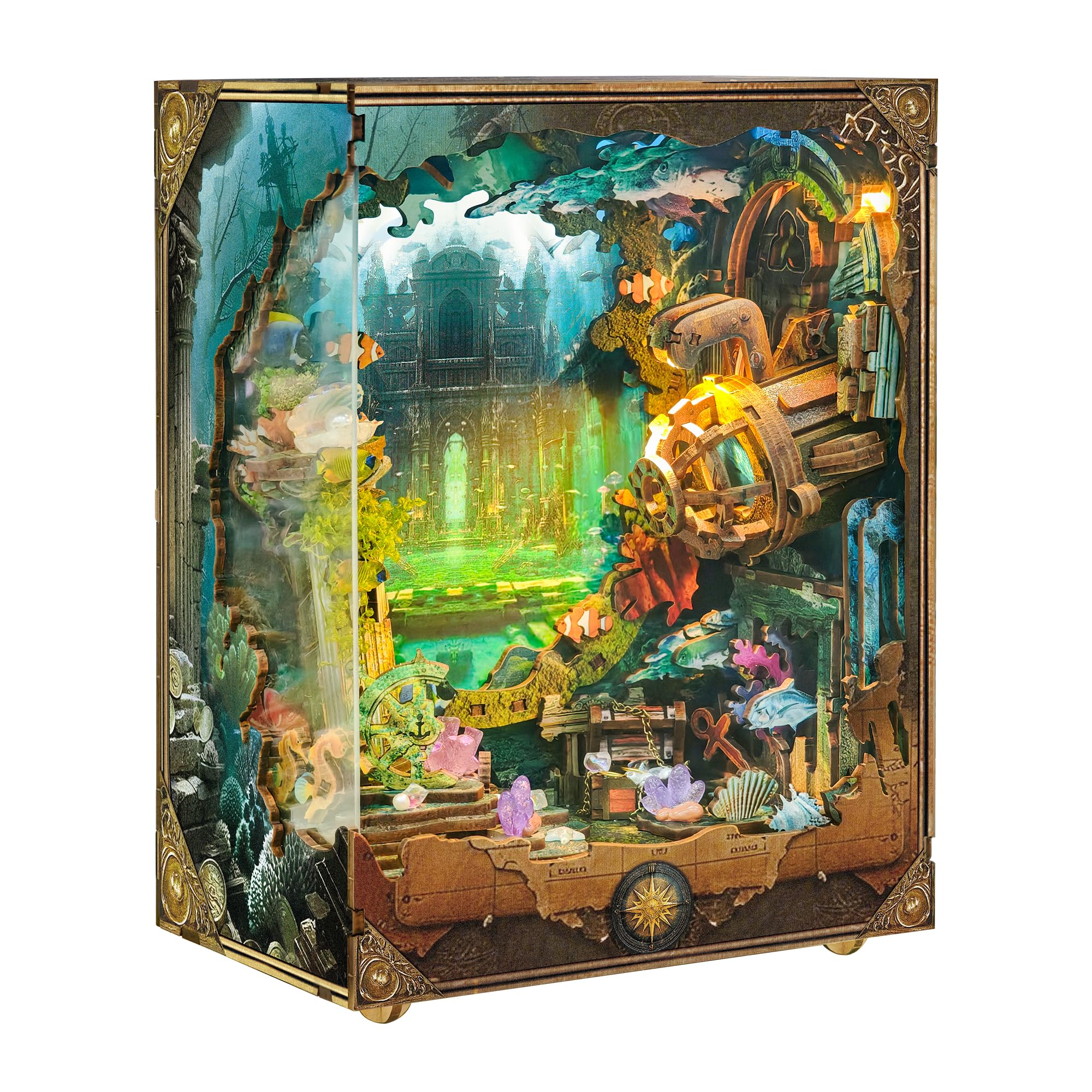 STRUCWOOD DIY Book Nook Deep-Sea Submarine with a rotating background enhances shelf display.