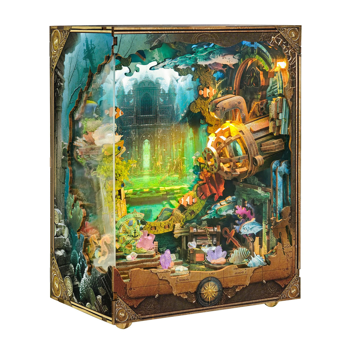 STRUCWOOD DIY Book Nook Deep-Sea Submarine with a rotating background enhances shelf display.