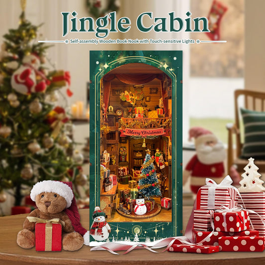 Strucwood Jingle Cabin wood pieces highlighting craftsmanship for a festive display