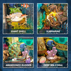 Sliding dust cover protects the sea secrets while on display.