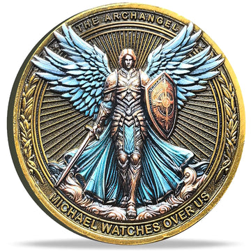 Strugglejewelry Archangel Michael coin front with guardian figure and vibrant colors