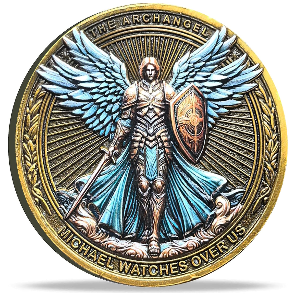 Strugglejewelry Archangel Michael coin front with guardian figure and vibrant colors