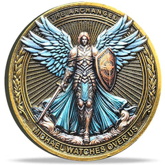 Strugglejewelry Archangel Michael coin front with guardian figure and vibrant colors